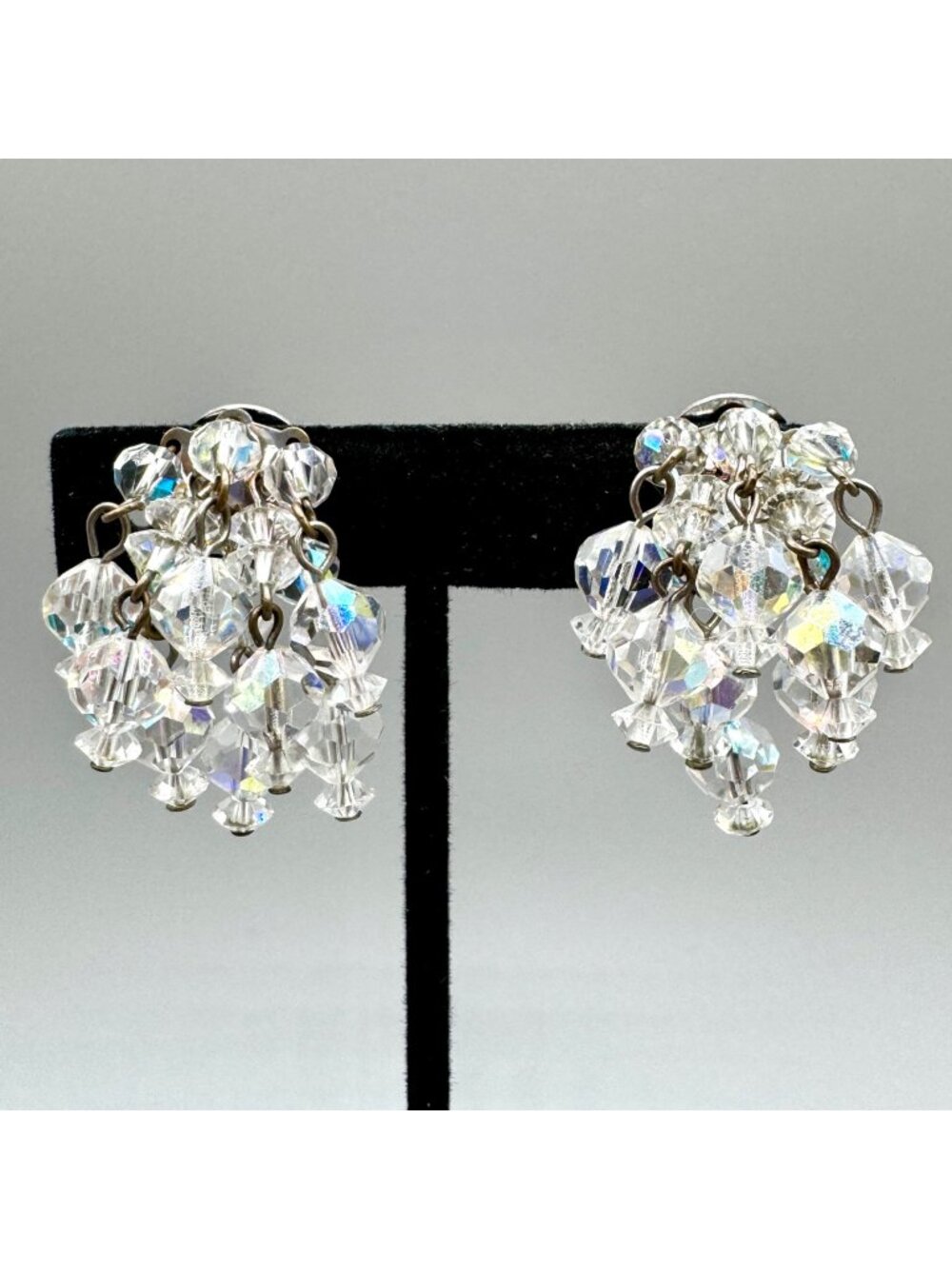 Vintage AB Crystal Cha Cha Waterfall Earrings Clip On 1950s Retro Regency 1.25"